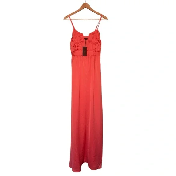 Ramy Brook Plunge Neck Satin Maxi Gown Ruched Sleeveless Coral Red Size 2 NWT - Picture 2 of 10